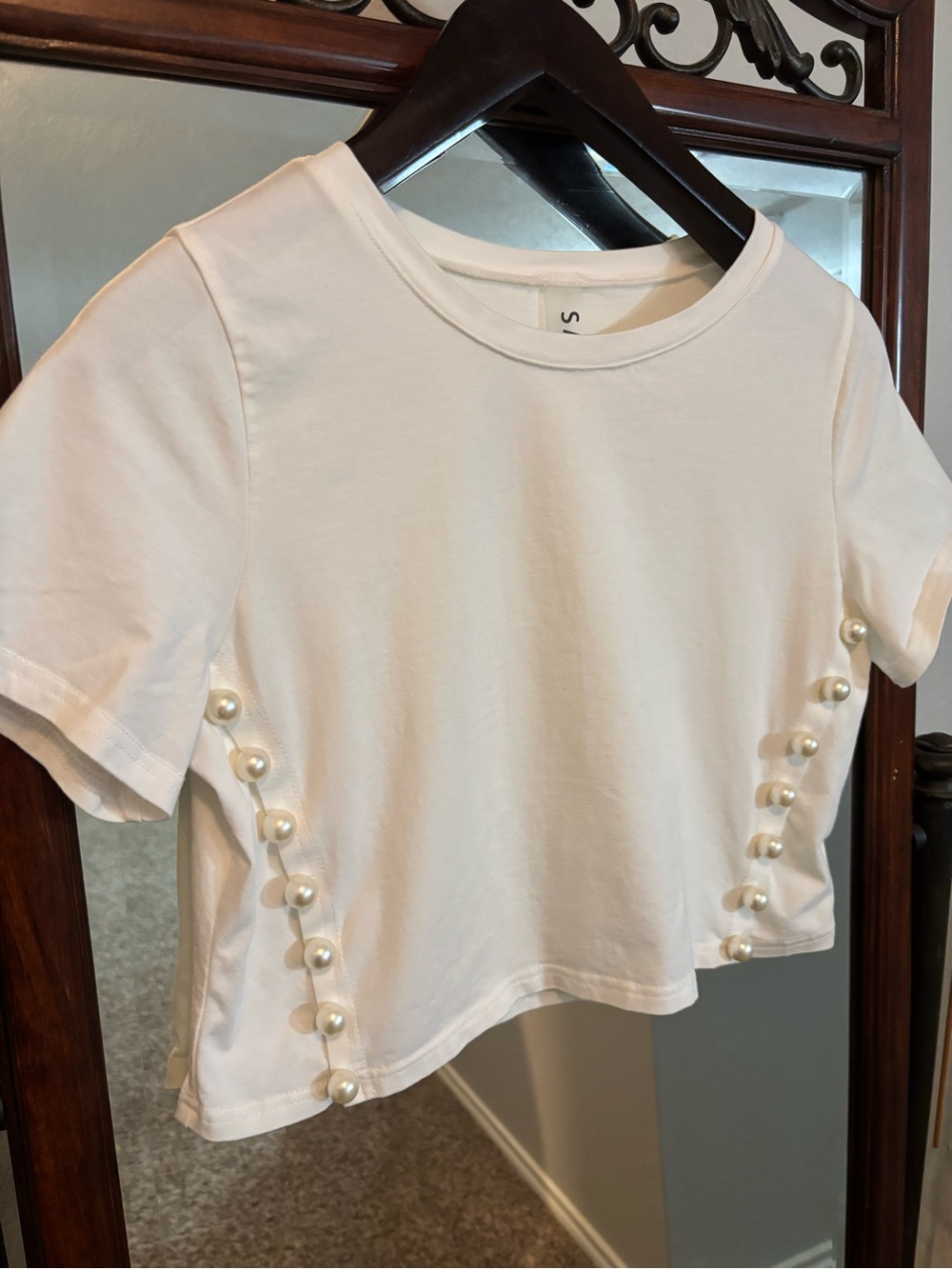 White Pearl-Trim Crop Tee - Women Tops Large
